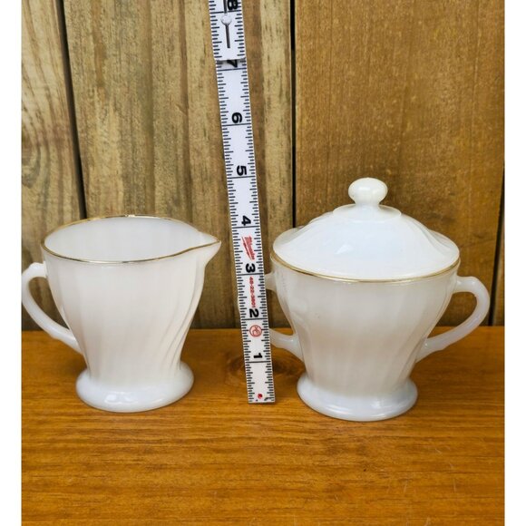 Vintage Anchor Hocking Fire-King Swirl Milk Glass Creamer and Covered Sugar Bowl - Picture 2 of 12